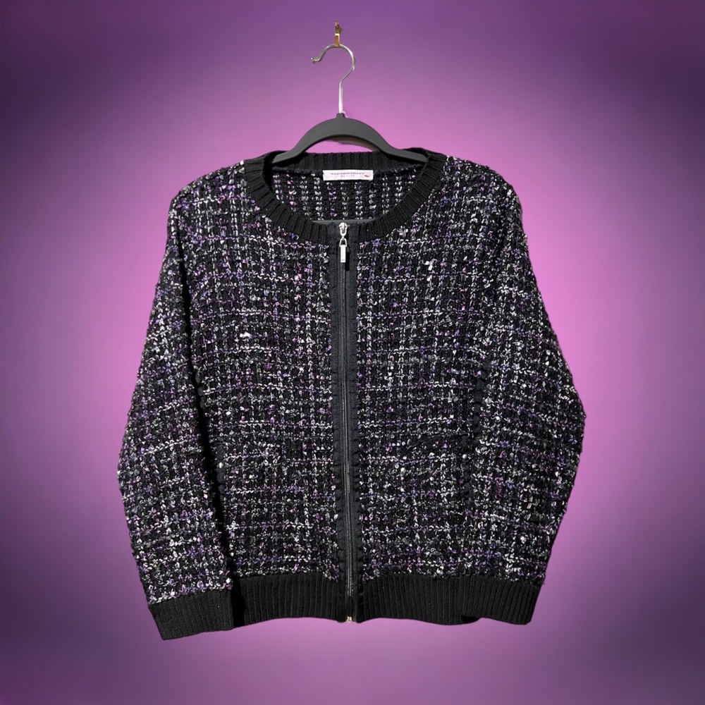 Allison Daley Petite Vintage L Purple, Black & Grey Tweed-like Zipper Jacket
